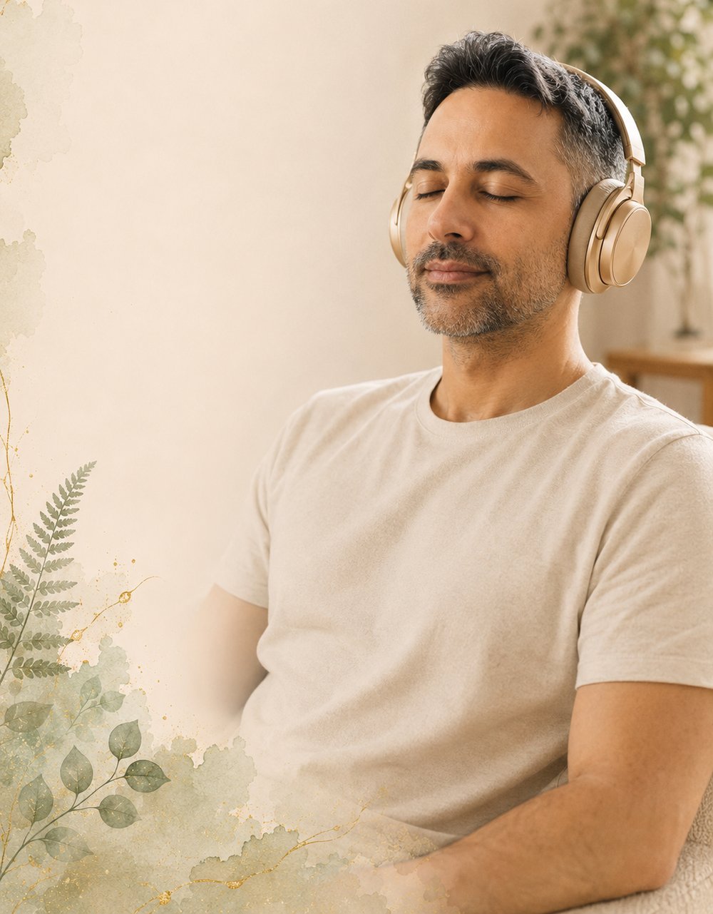 A man listening to a guided session with eyes closed