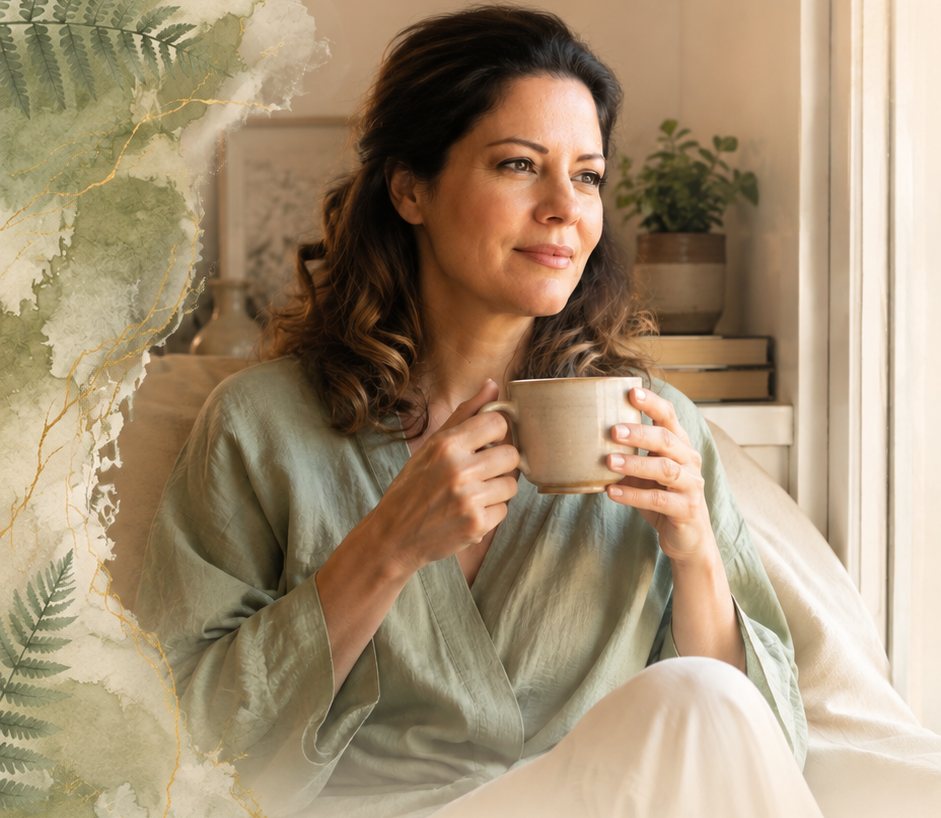 A woman relaxing peacefully with a warm cup of tea