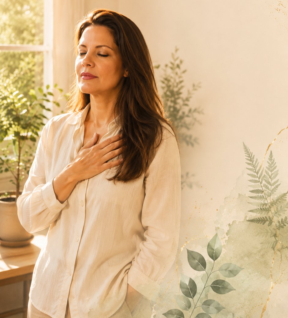A woman standing peacefully in golden light, hand over heart