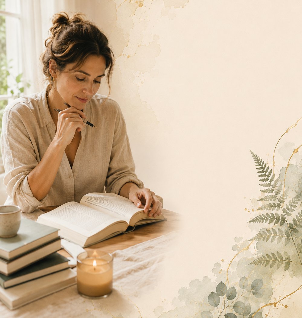 A woman studying research at a calm desk