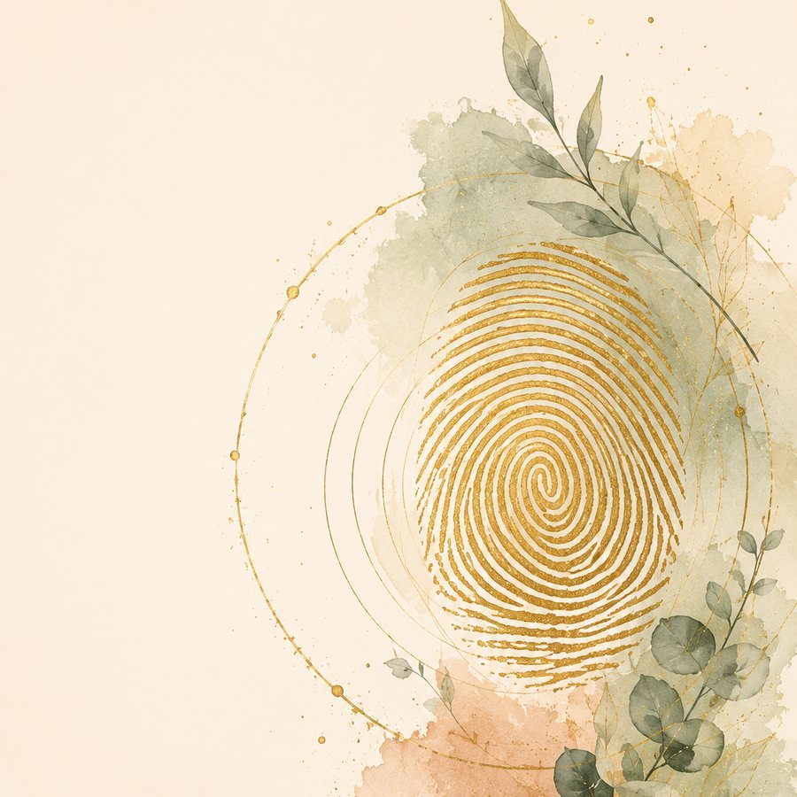 A golden fingerprint woven with botanicals — your stress signature